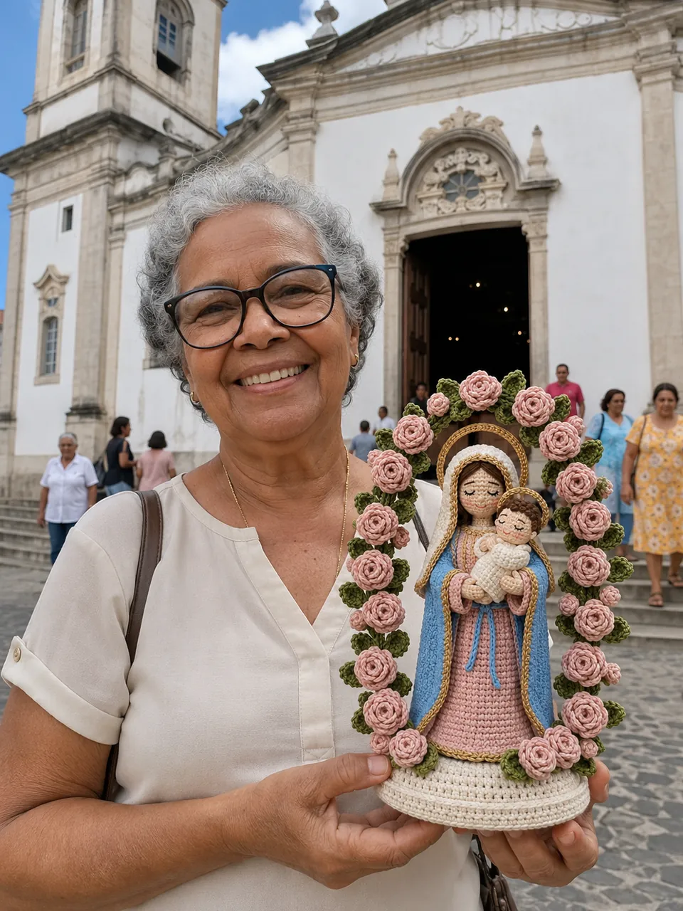 Carmen com suas peças de crochê