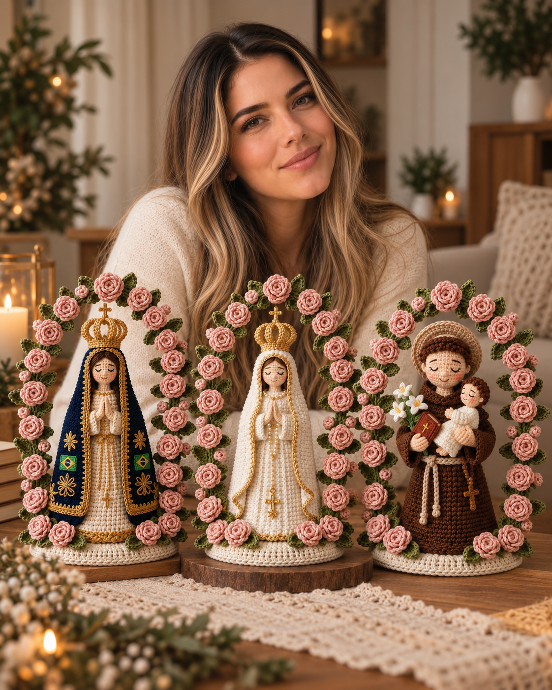 Mulher apresentando Nossa Senhora Aparecida, Nossa Senhora de Fátima e Santo Antônio em crochê